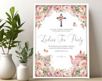 A3 Church Ladies Tea Welcome Sign in a white frame with blush pink flowers, Christian Cross and Teapot leaning up against a wall next to some greenery in vases