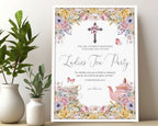 A3 Church Ladies Tea Welcome Sign in a white frame with Pastel flowers, Christian Cross and Teapot leaning up against a wall next to some greenery in vases