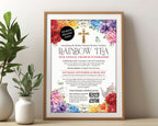 An A3 church rainbow tea advertising poster with gold cross, teapot and scripture in a wooden frame leaning up against a beige wall next to a vase with greenery