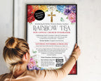 a lady putting up an A3 church rainbow tea fundraising poster in a black frame on to a wall