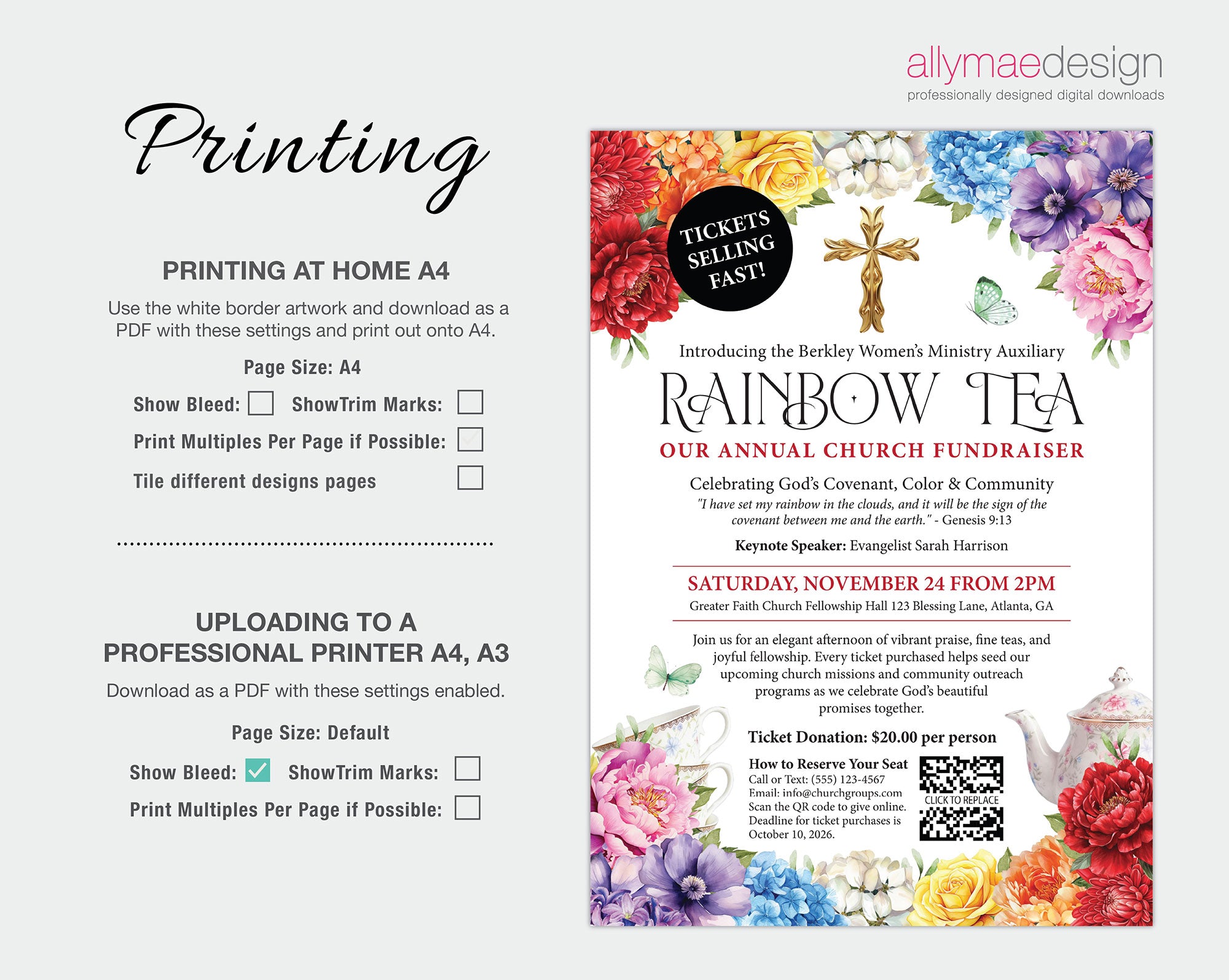instructions on how to print the A3 & A4 rainbow tea fundraising poster