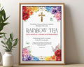 pretty A3 church ladies rainbow tea sign with colorful flowers, gold cross and scripture in a wooden frame, leaning up against a beige wall next to some greenery in vases