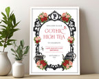 A2 gothic high tea sign with regency cameo, ornate black frame, gothic teapot and cups in a light wooden frame leaning up against a beige wall next to some jars filled with greenery