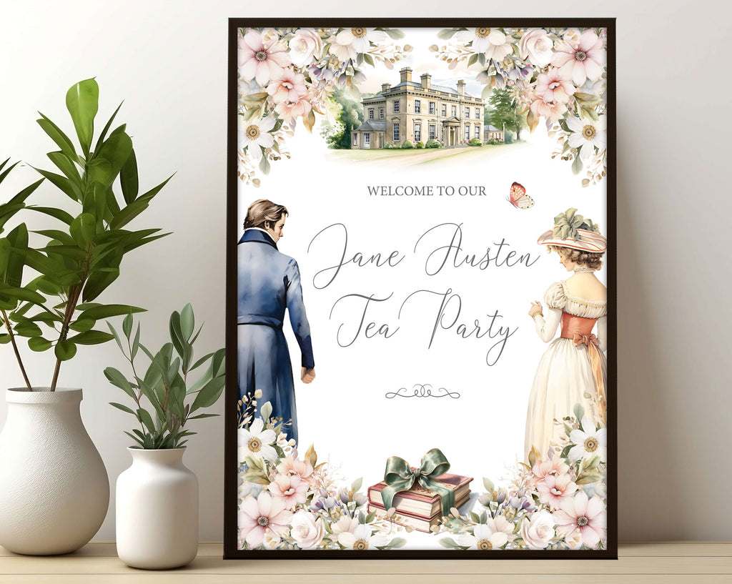 A3 jane austen party welcome sign with regency couple, books and mansion graphics in a black frame leaning up against a white wall next to greenery in vases