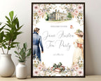 A3 jane austen party welcome sign with regency couple, books and mansion graphics in a black frame leaning up against a white wall next to greenery in vases