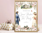 jane austen tea party digital welcome sign in a gold frame leaning up against a pink wall with a wrapped gift next to it