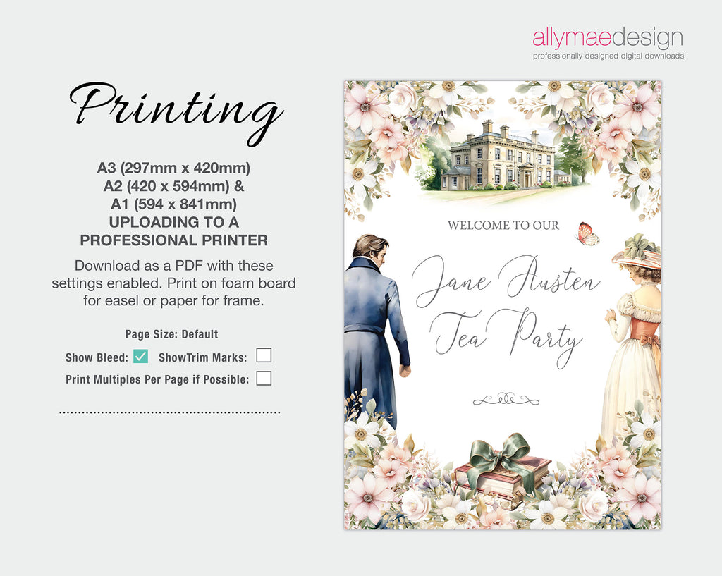 instructions on how to print the jane austen party welcome sign