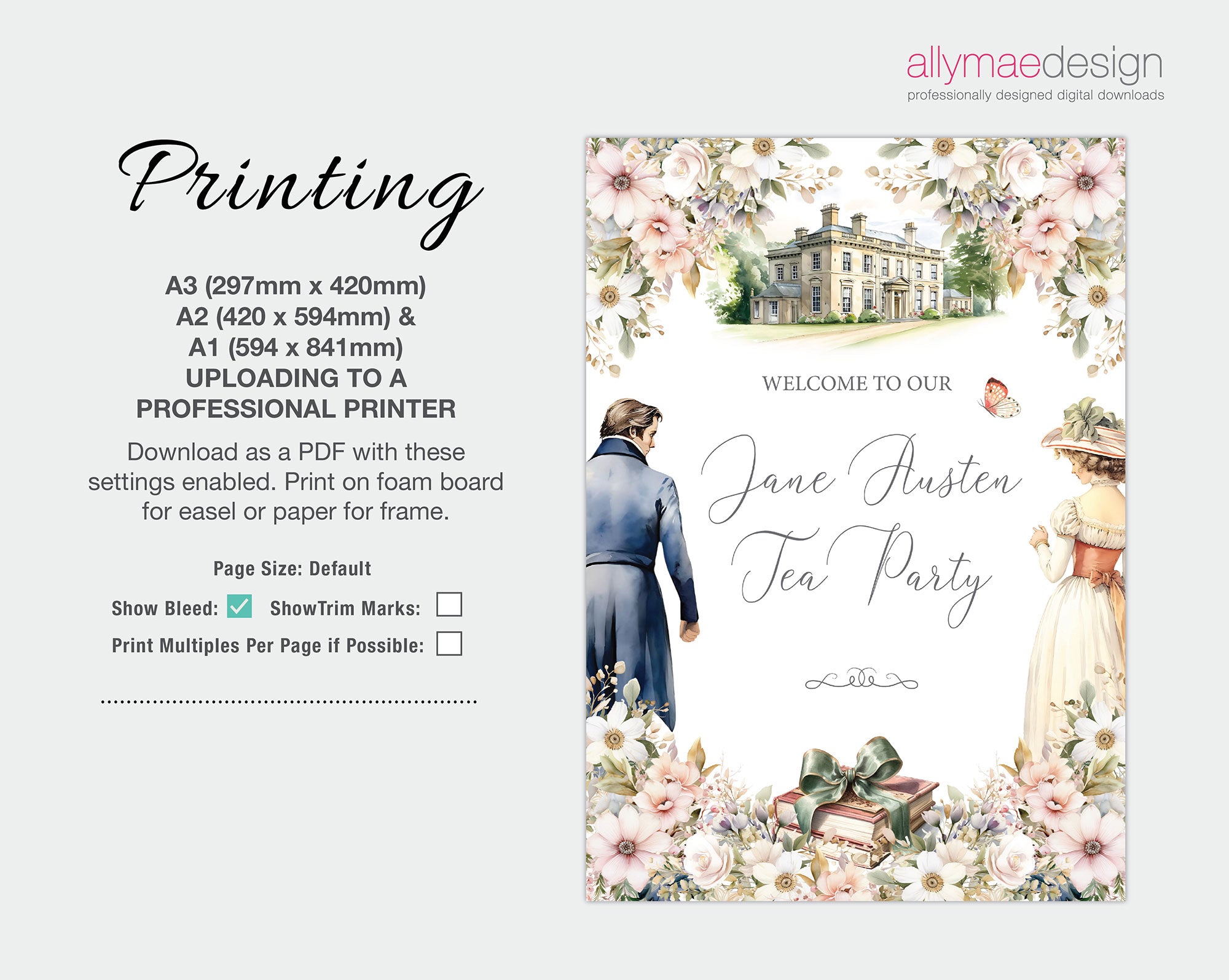 instructions on how to print the jane austen party welcome sign