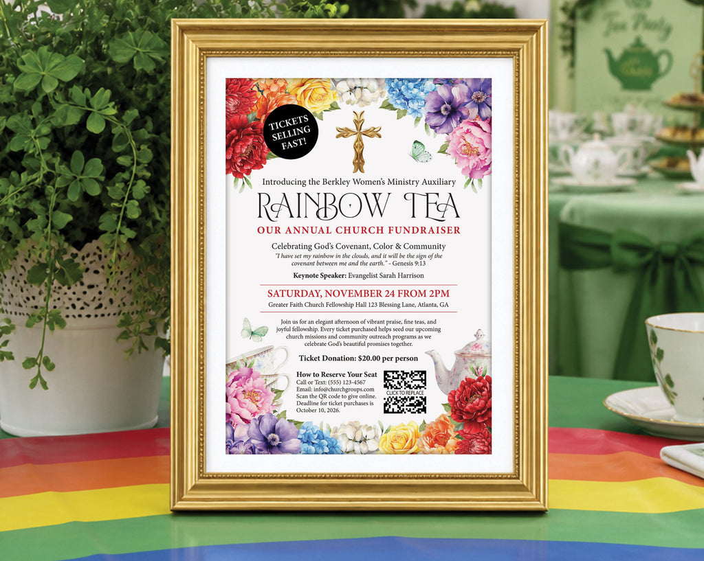 an A4 church ladies rainbow tea fundraising flyer in a gold frame, propped up on a table with a rainbow tablecloth with a white vase with greenery in the background