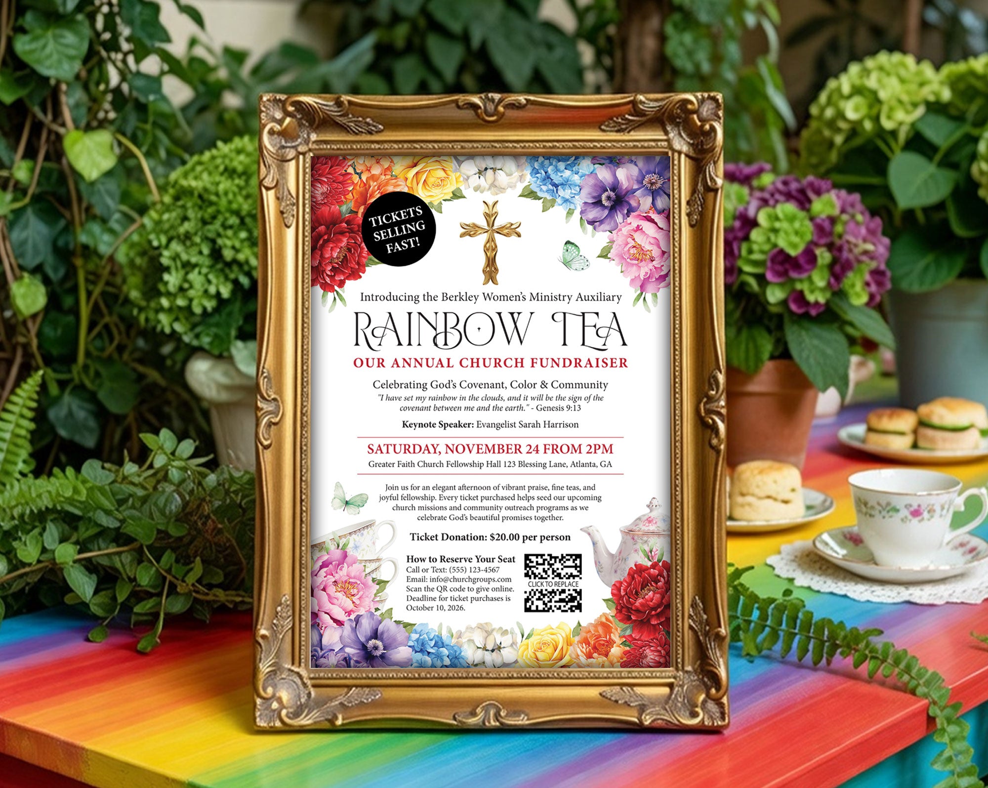 an A4 rainbow church fundraising tea advertising poster in a gold frame propped up on a rainbow colored table, with tea cups and greenery in the background