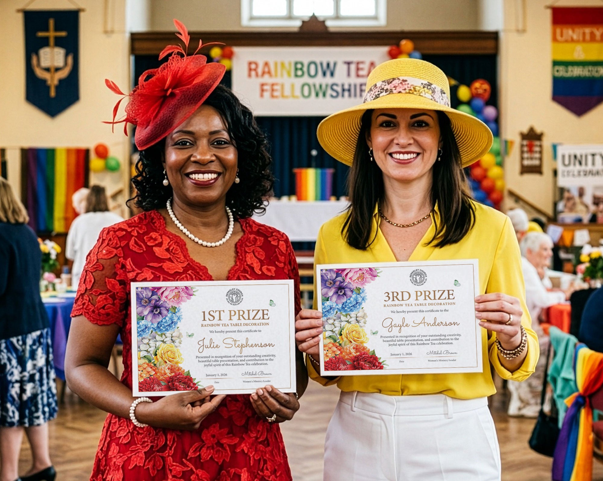 Two women standing indoors holding A4 printed prize certificates. The woman on the left wears a red lace dress and red fascinator hat, and the woman on the right wears a yellow hat and yellow blouse with white pants.