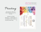 Instructions for a printable A4 Rainbow tea certificate with floral artwork and text, shown on a light gray background. The right side displays a sample card titled '1st Prize' with colorful flowers along on the side and placeholder text.