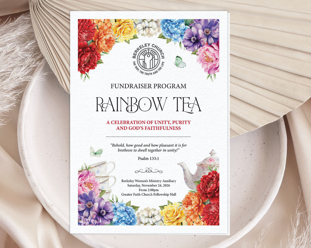 A fundraiser program card for 'Rainbow Tea' Christian Church event, featuring colorful floral illustrations and a white teapot, styled on a ceramic plate with dried flowers and a book.