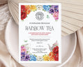 A fundraiser program card for 'Rainbow Tea' Christian Church event, featuring colorful floral illustrations and a white teapot, styled on a ceramic plate with dried flowers and a book.