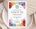 A fundraiser program card for 'Rainbow Tea' Christian Church event, featuring colorful floral illustrations and a white teapot, styled on a ceramic plate with dried flowers and a book.