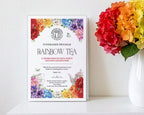 An A4 fundraiser program poster titled 'Rainbow Tea' with colorful floral illustrations and a teapot illustration, displayed on a white shelf leaning against a white wall, next to a white vase of vibrant rainbow hydrangeas.