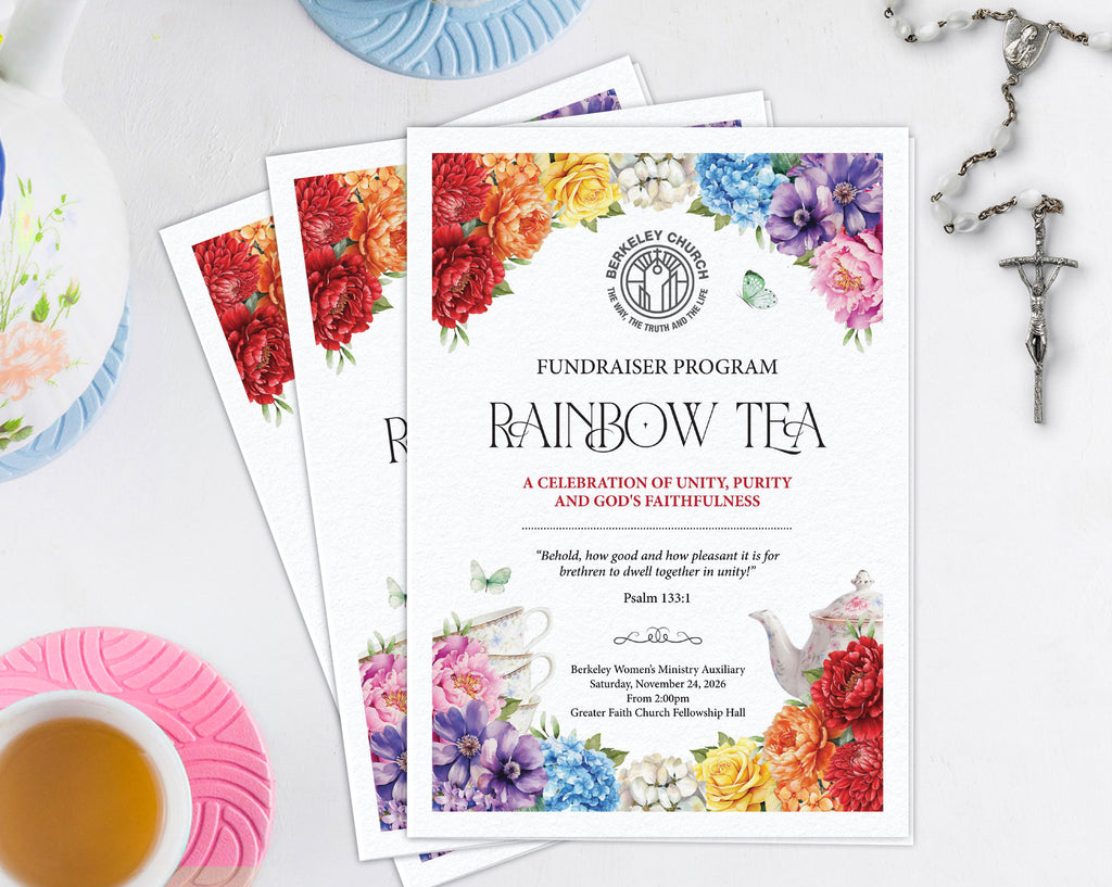 3 printed A4 Folded fundraiser program cards featuring colorful floral borders and the title 'Rainbow Tea,' styled on a white surface with a teacup, plates, and a cross nearby.