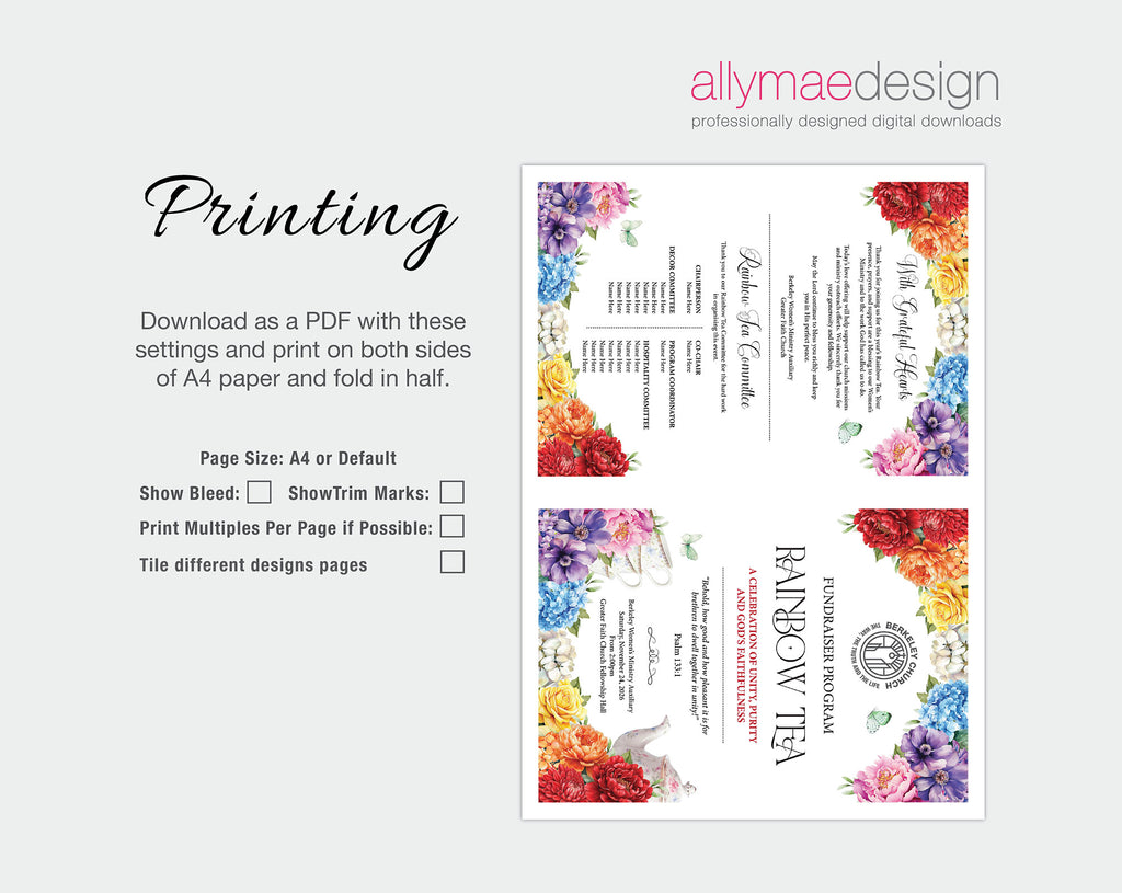 A digital preview for a printable folding A4 paper design with floral borders and text, shown on a light gray background. The left side includes the heading 'Printing' and download options, while the right side shows the front and back of the folded paper design.