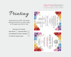 A digital preview for a printable folding A4 paper design with floral borders and text, shown on a light gray background. The left side includes the heading 'Printing' and download options, while the right side shows the front and back of the folded paper design.