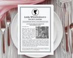 4 Page, black and white folded A4 Corjl Whistledown Society Scandal A4 Leaflet with cameo, laying on a white plate with cutlery and gauzy pink cloth at the top