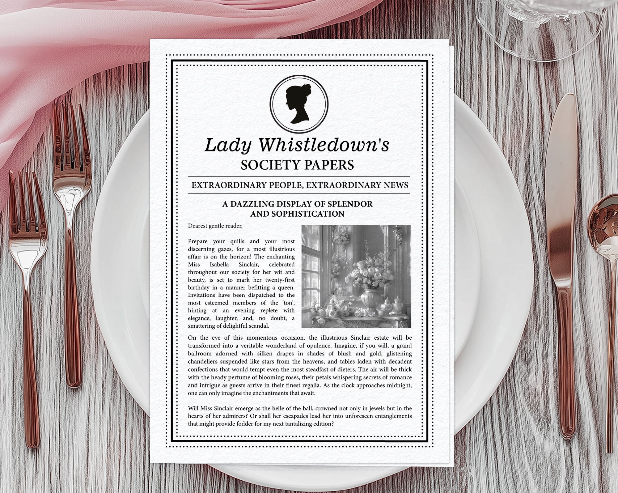 4 Page, black and white folded A4 Corjl Whistledown Society Scandal A4 Leaflet with cameo, laying on a white plate with cutlery and gauzy pink cloth at the top