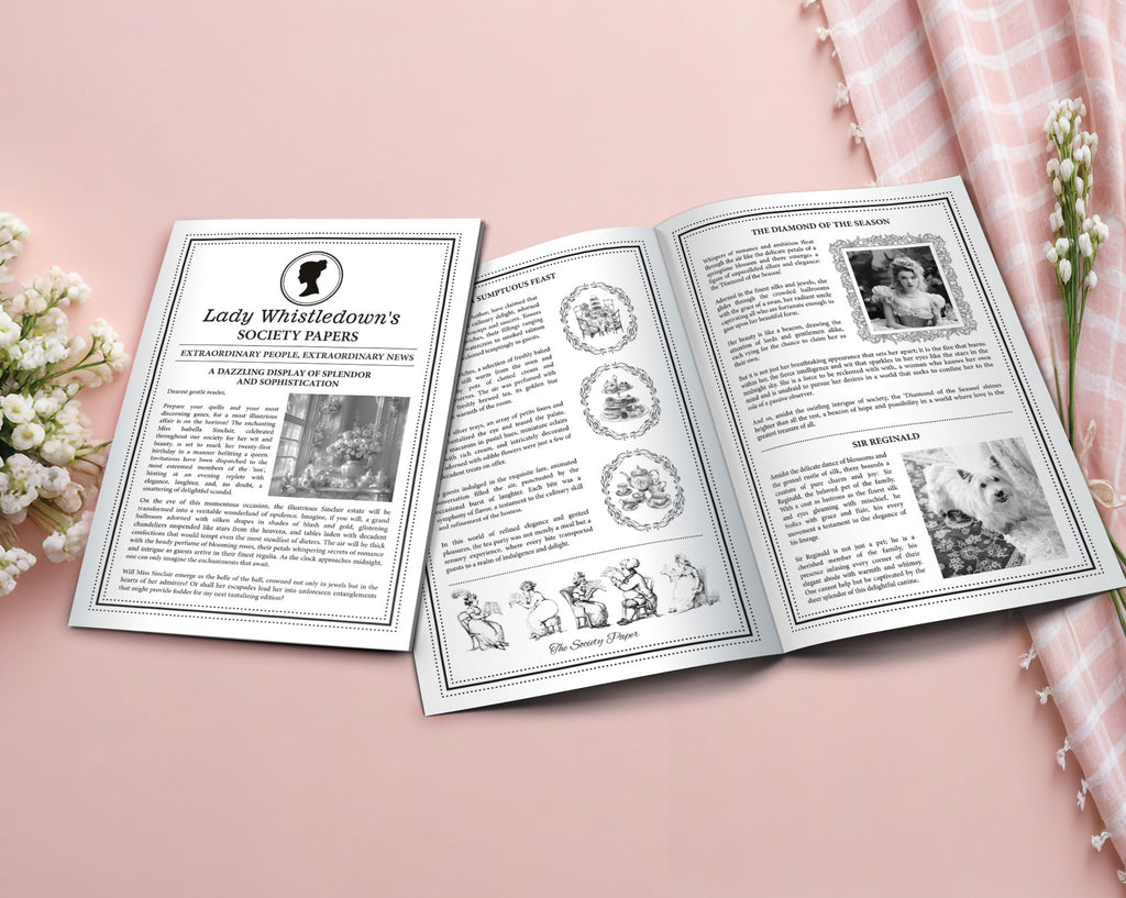 Two DIY editable Corjl, 4 page A4 society leaflets, one showing the back and one showing the middle, with cameo for a regency party in black and white, laying on a pink background, with a pink blanket and some white flowers