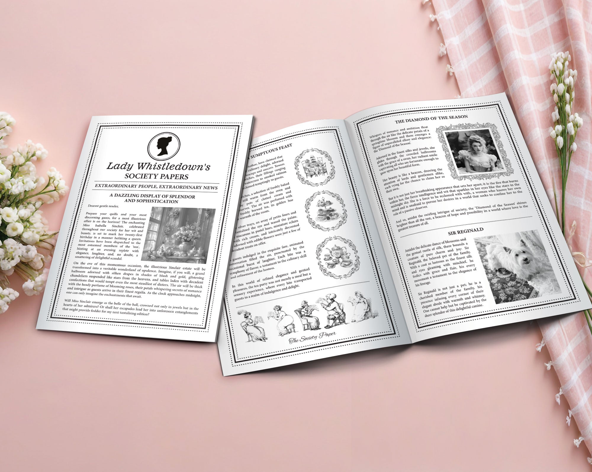 Two DIY editable Corjl, 4 page A4 society leaflets, one showing the back and one showing the middle, with cameo for a regency party in black and white, laying on a pink background, with a pink blanket and some white flowers