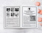 A black and white regency A4 society leaflet with cameo, DIY to send after a party, front side laying on a marble surface next to some peach colored macarons - corjl template