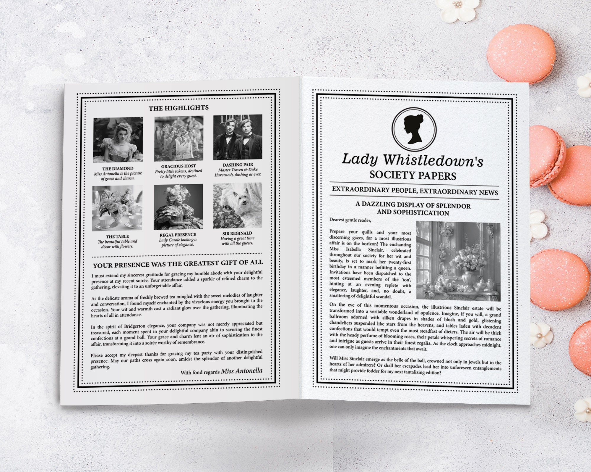 A black and white regency A4 society leaflet with cameo, DIY to send after a party, front side laying on a marble surface next to some peach colored macarons - corjl template
