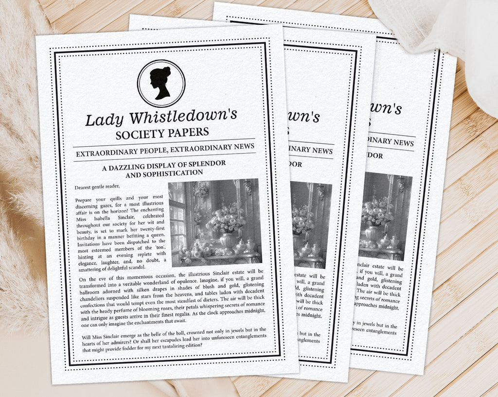 3 lady whistledown black and white A4 Corjl society leaflets with cameo, fanned out and laying on a wooden surface