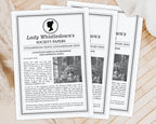 3 lady whistledown black and white A4 Corjl society leaflets with cameo, fanned out and laying on a wooden surface