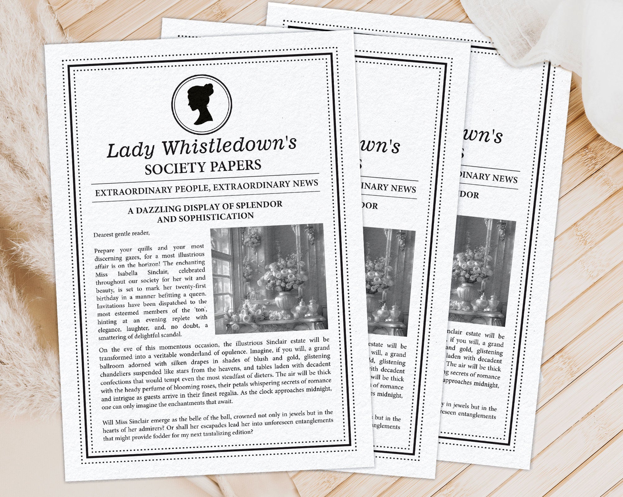 3 lady whistledown black and white A4 Corjl society leaflets with cameo, fanned out and laying on a wooden surface