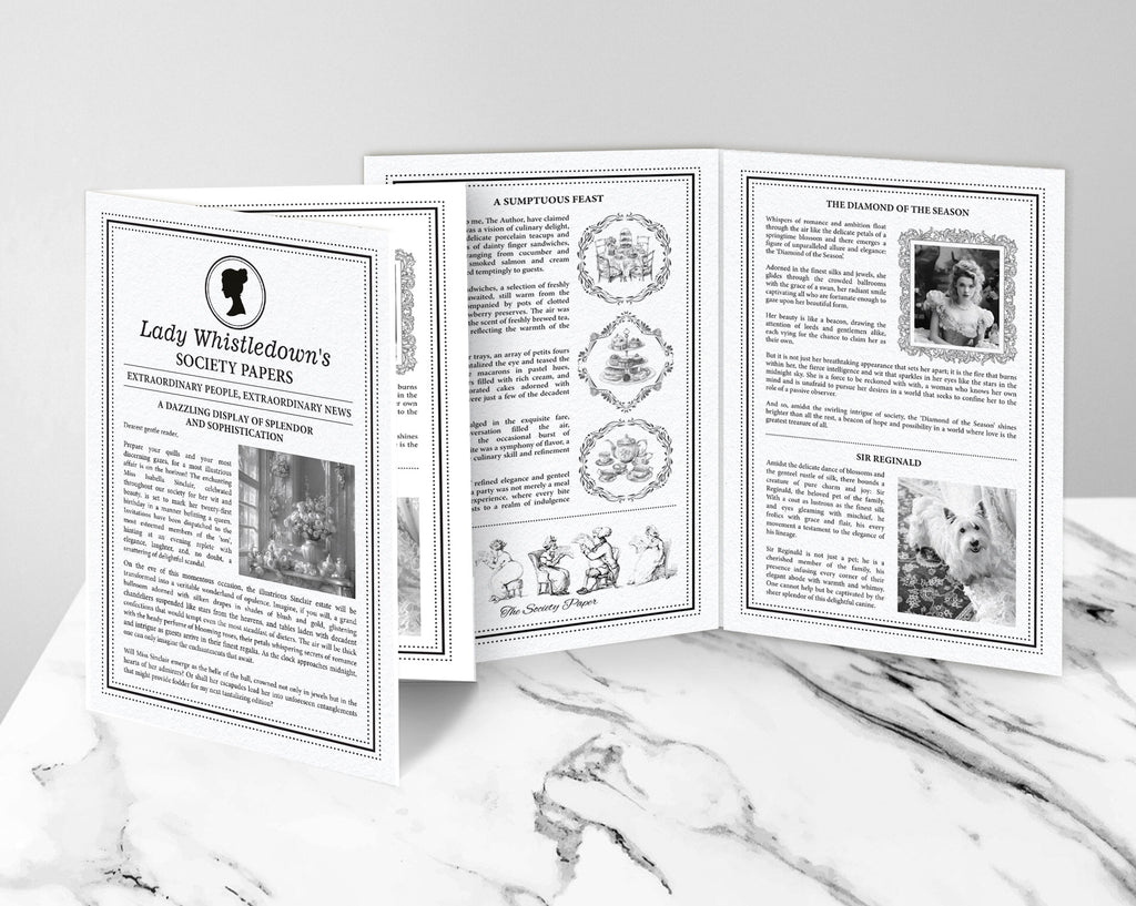 Two DIY editable Corjl, 4 page society A4 leaflets with cameo for a regency party in black and white, standing on a marble surface, showing the front and the inside