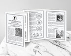 Two DIY editable Corjl, 4 page society A4 leaflets with cameo for a regency party in black and white, standing on a marble surface, showing the front and the inside