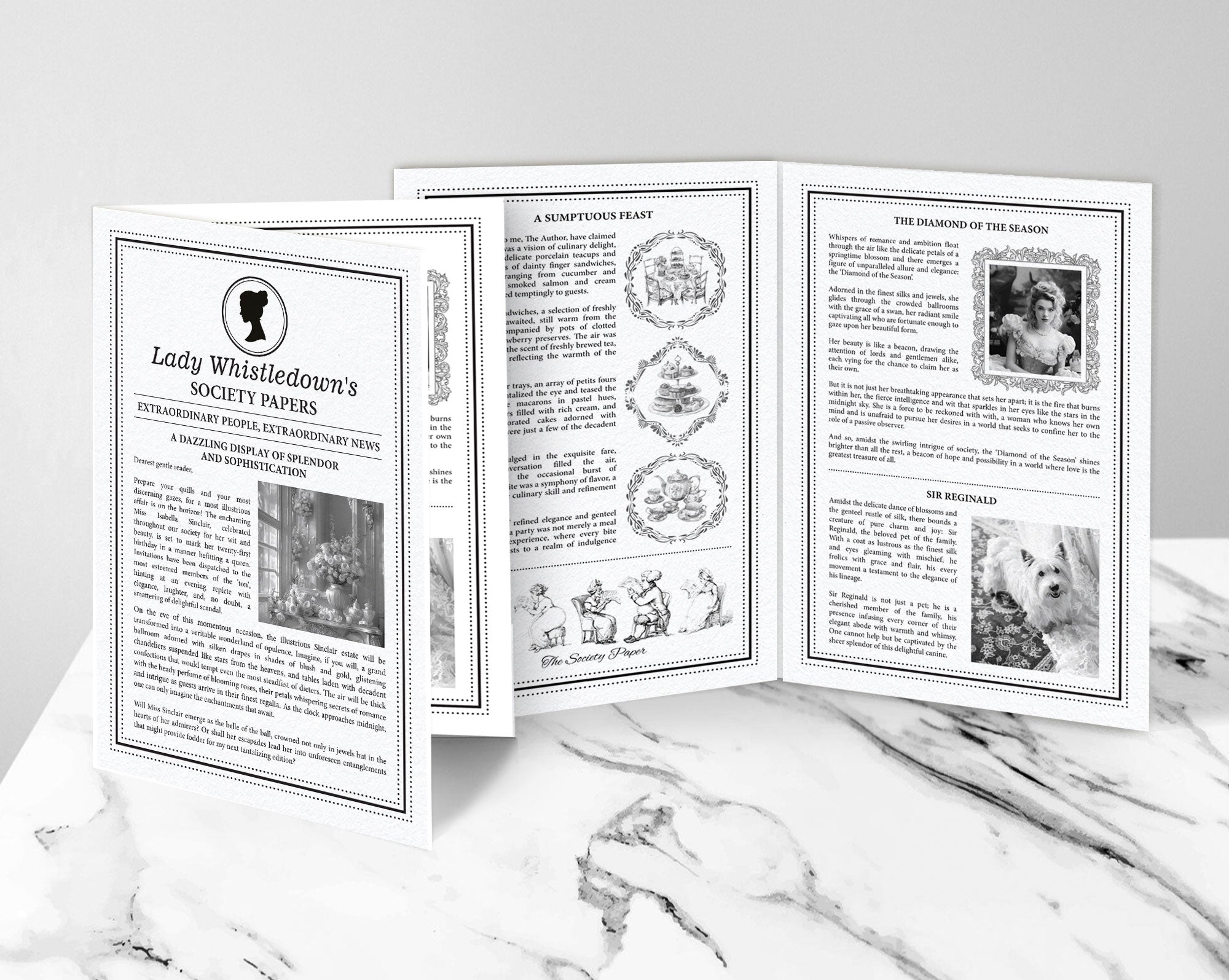Two DIY editable Corjl, 4 page society A4 leaflets with cameo for a regency party in black and white, standing on a marble surface, showing the front and the inside
