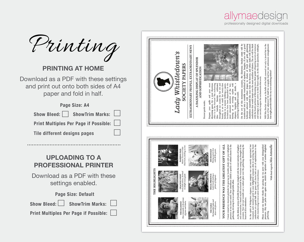 instructions on how to print the A4 editable and Printable Corjl Regency style folded leaflet