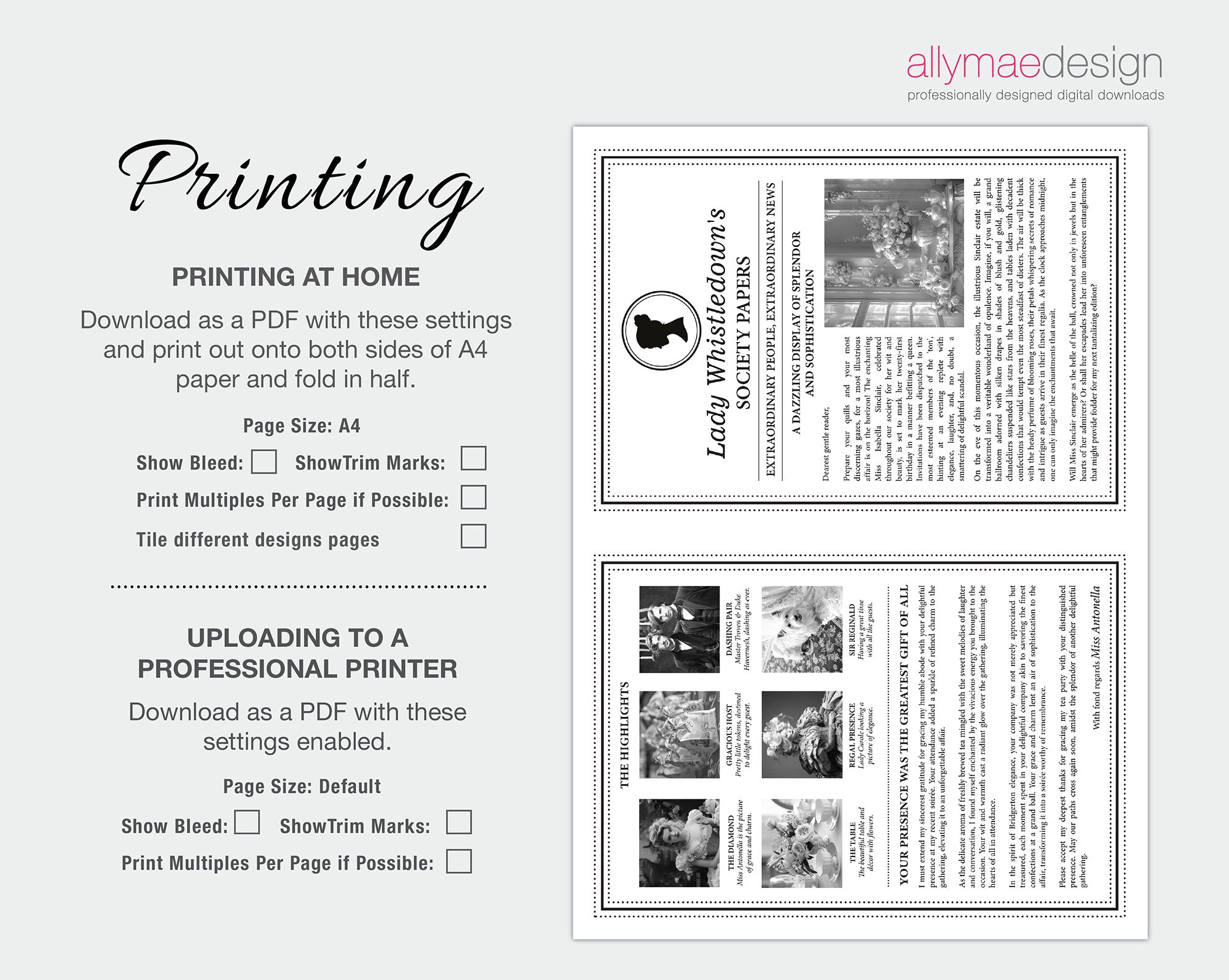 instructions on how to print the A4 editable and Printable Corjl Regency style folded leaflet