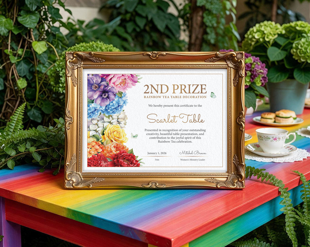 An A4, 2nd Prize Rainbow Tea certificate with colorful floral artwork in an ornate gold frame, displayed on a rainbow-colored table in an outdoor garden setting with plants and tea-time props.