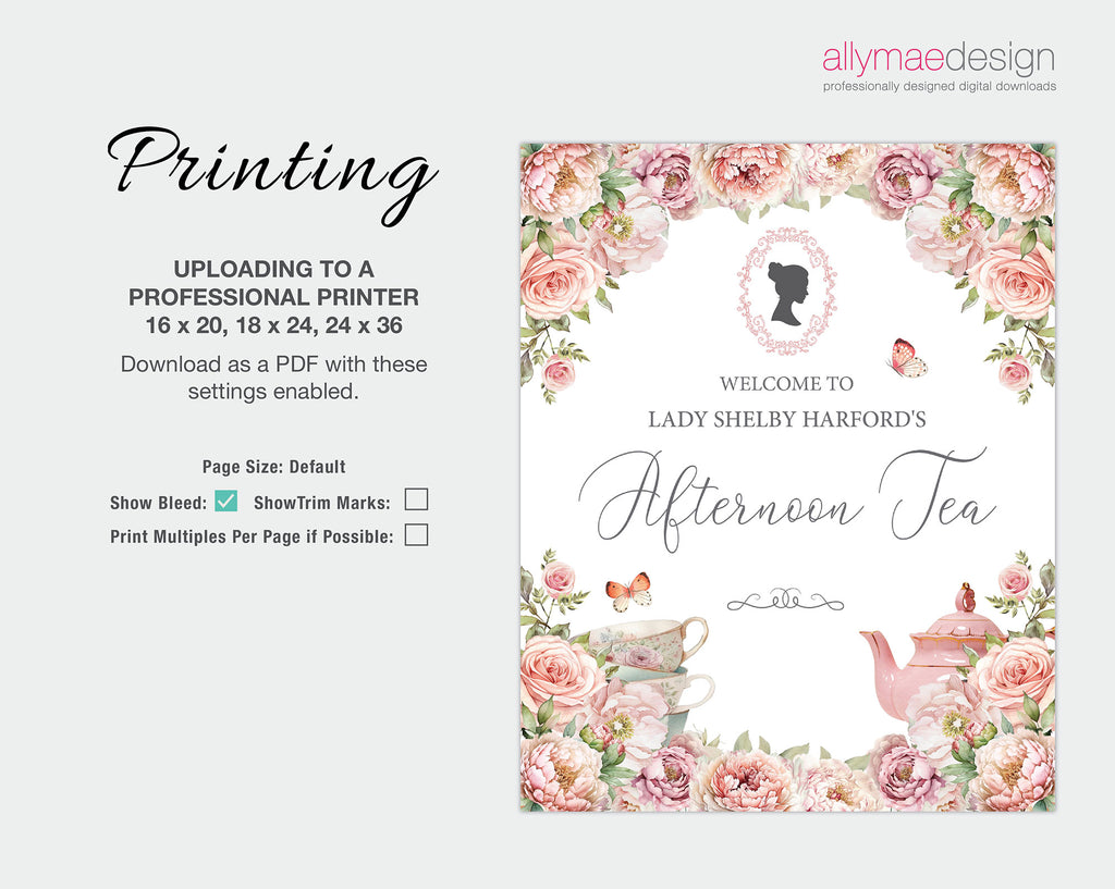 printing instructions for the blush pink Floral afternoon tea party welcome sign
