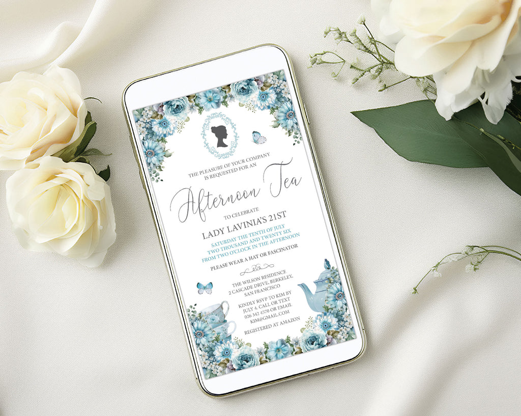 pretty blue afternoon tea invitation on a gold mobile display with yellow flowers and cameo