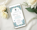 pretty blue afternoon tea invitation on a gold mobile display with yellow flowers and cameo