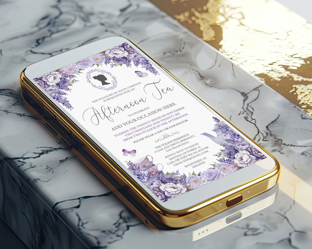 A gold-framed smartphone lying diagonally on a white and gray marble surface, displaying a purple floral afternoon tea invitation with regency cameo
