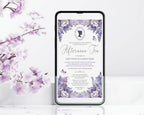 A smartphone mockup displaying a Regency style purple wisteria flower 'Afternoon Tea' invitation card, styled on a white surface with soft pink blossoms in the background.
