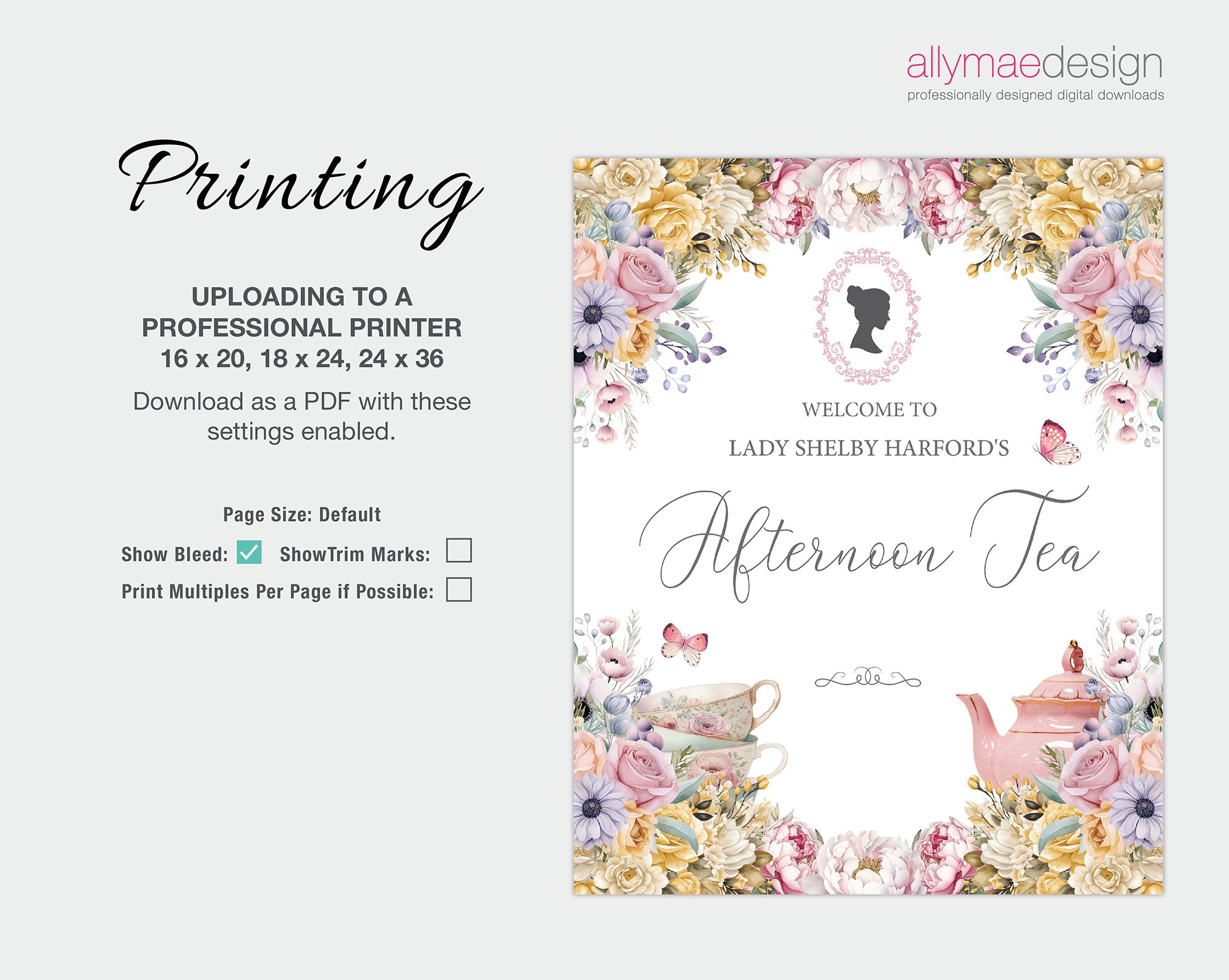 printing instructions for the pastel afternoon tea welcome signs