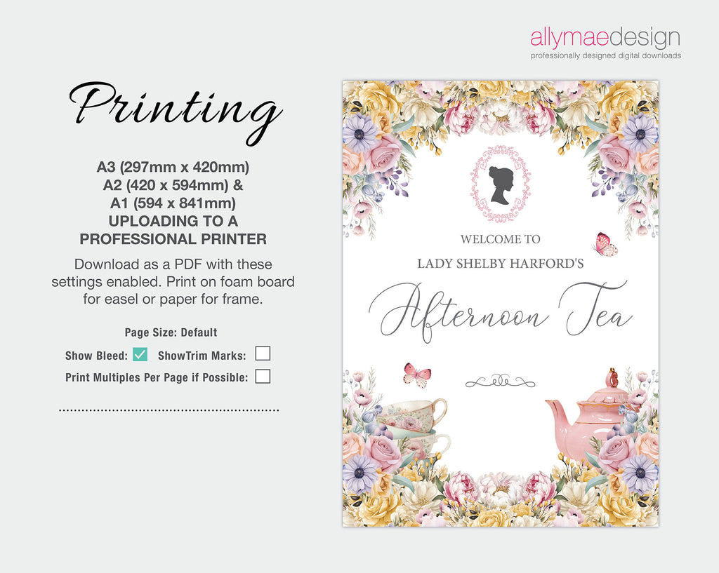 printing instructions for the pastel afternoon tea welcome sign with flowers, teapot and regency cameo