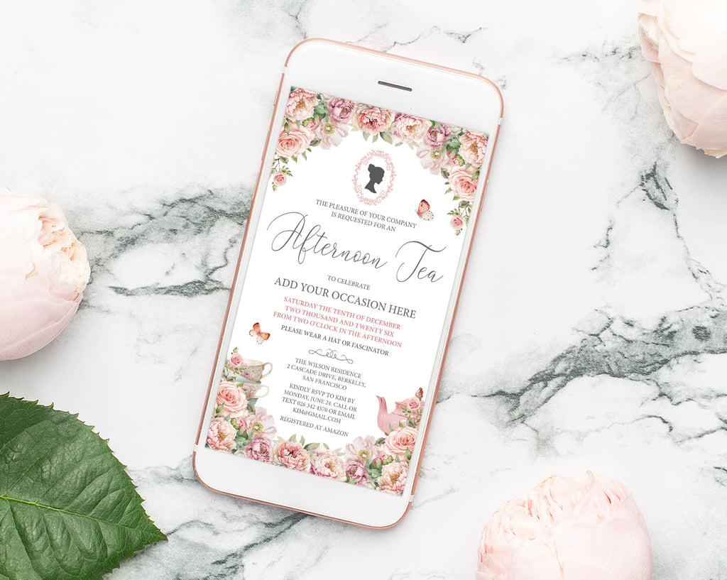 a gold rimmed mobile with a pink afternoon tea invitation displaying on it