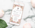 a gold rimmed mobile with a pink afternoon tea invitation displaying on it