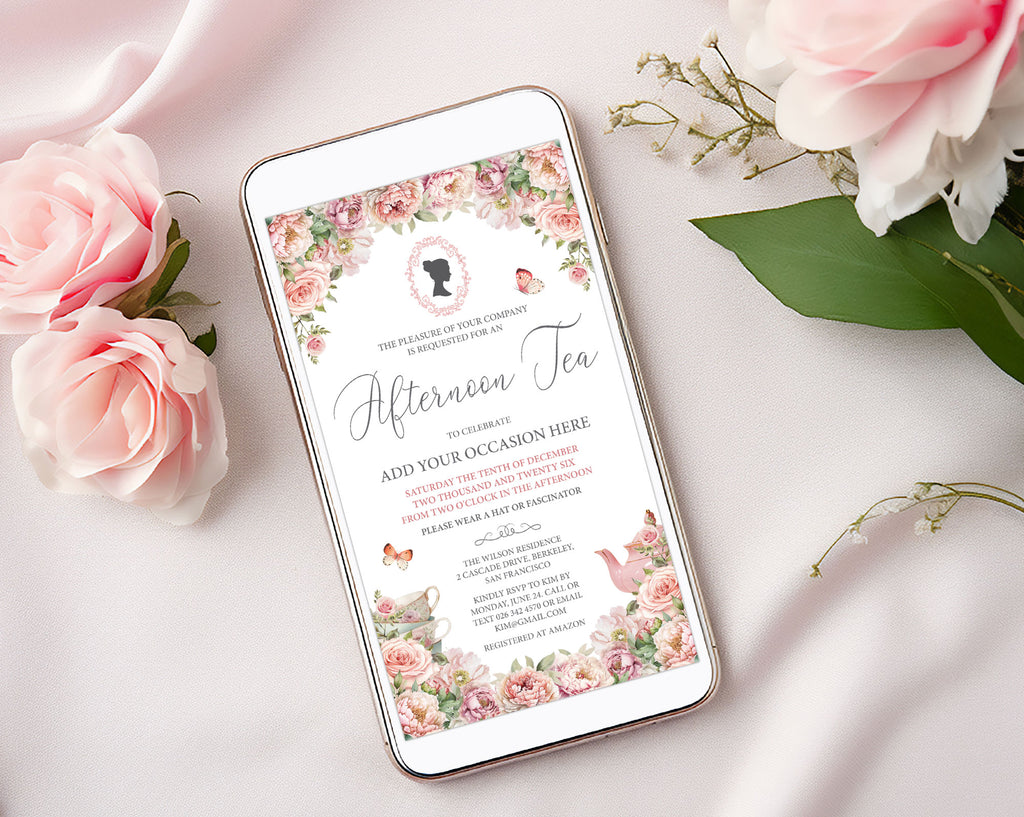 pretty pink afternoon tea invitation on a gold mobile display with blush pink flowers and cameo