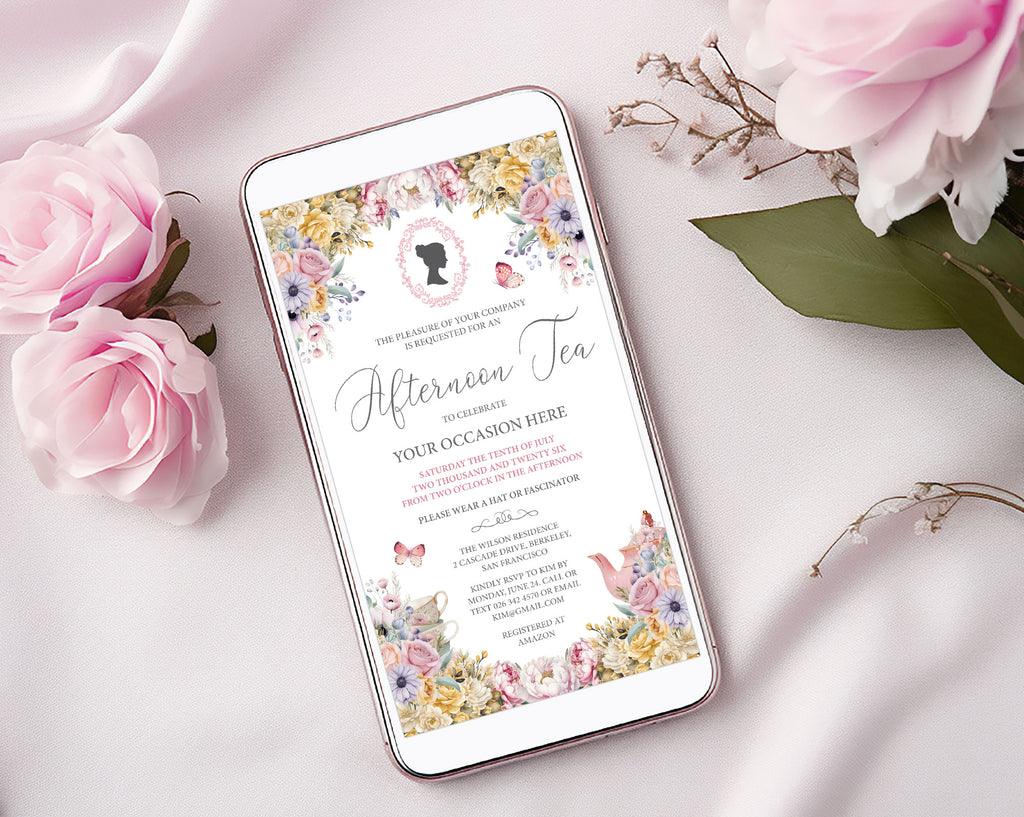 Pretty flower tea invitation to save as a jpg and send digitally on your mobile
