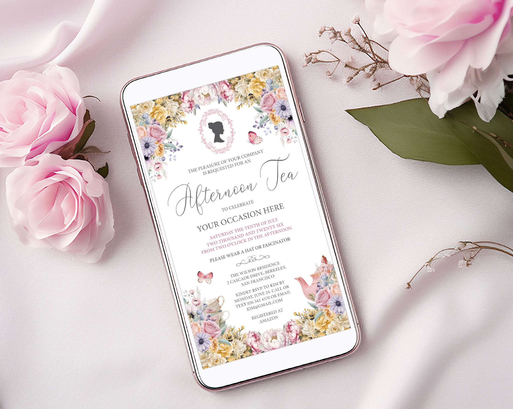 Pretty flower tea invitation to save as a jpg and send digitally on your mobile